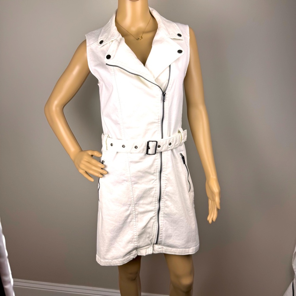 Divided White Denim Moto Zip Buckle Strap Bodycon Dress Sz 8 Biker Party - Picture 2 of 16